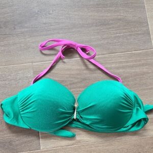 Victoria Secret 34 C Green Bikini Top with Pink Halter Strap
